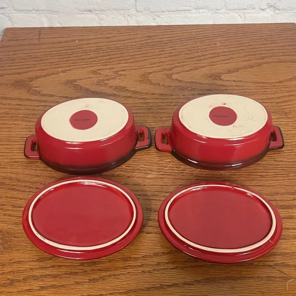 Mini Stoneware Enamel Cocottes with Handles and Lid Red/Black ombre Set of 2